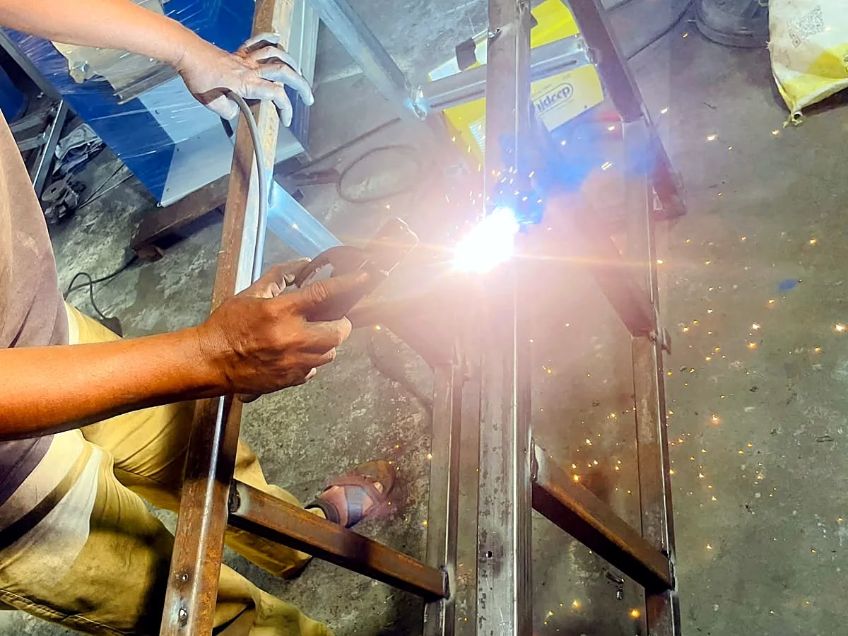 Fabrication — welding the machine frame